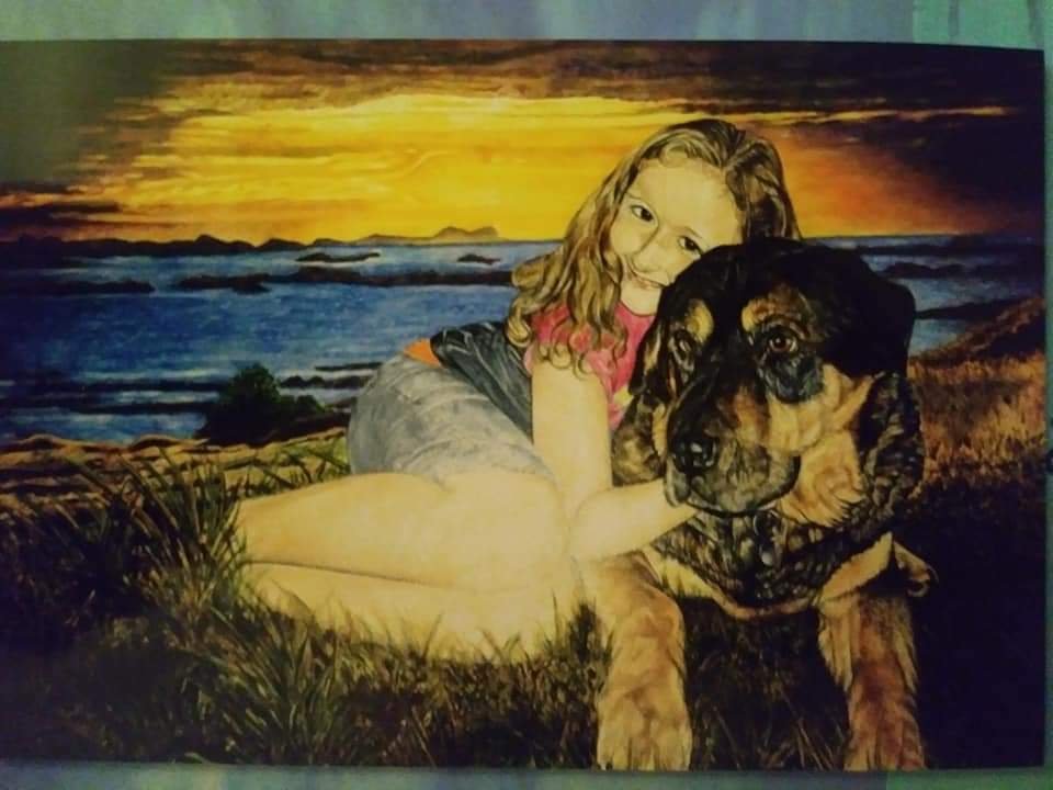 Painted portrait of a girl hugging a large dog by a sunset shore