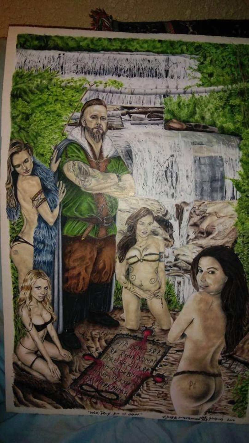 Detailed fantasy painting by Jeremy Wylie featuring figures posed before a waterfall