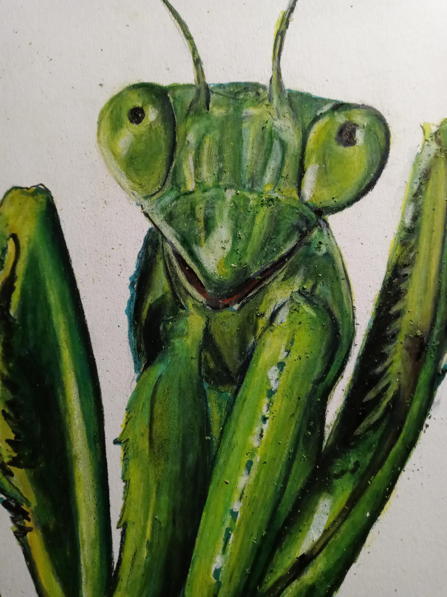 Close-up painting of a bright green praying mantis